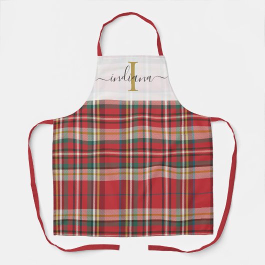 モノグラムプレイド赤い緑の素朴文字 エプロン (正面)
