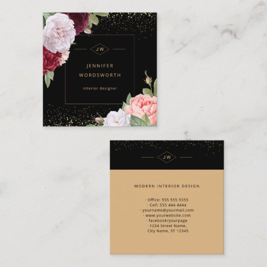 モノグラムプロフェッショナルエレガントフローラバラブラック スクエア名刺 (正面/裏面)