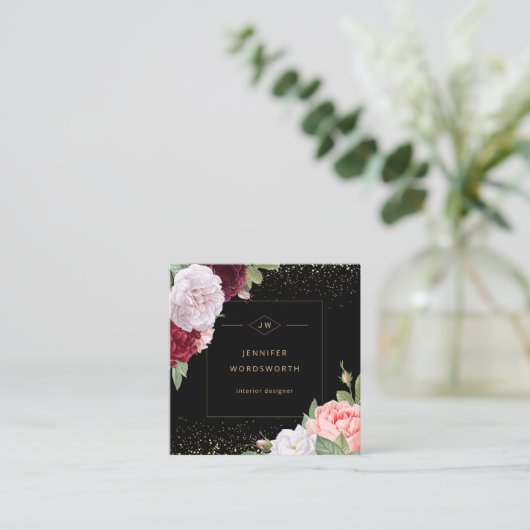モノグラムプロフェッショナルエレガントフローラバラブラック スクエア名刺 (スタンド正面)