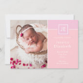 モノグラムベビーガール写真ピンクモダン誕生 案内状 (正面)