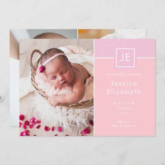 モノグラムベビーガール写真ピンクモダン誕生 案内状 (正面/裏面)