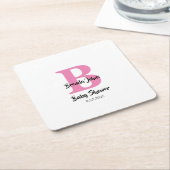 モノグラムベビーシャワーピンク白かわいいシンプル スクエアペーパーコースター (アングル)