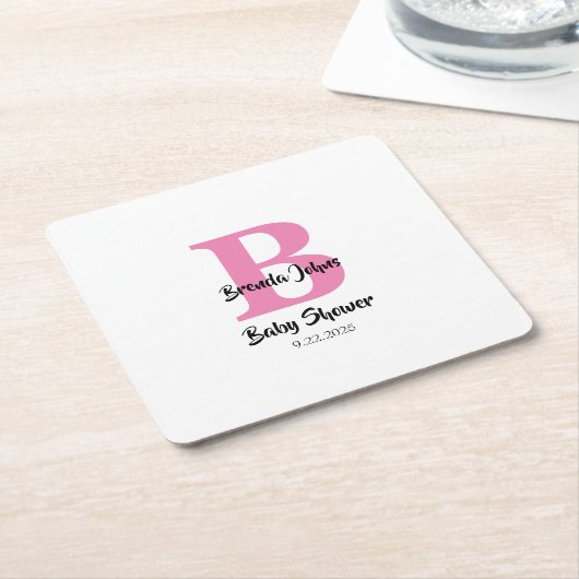 モノグラムベビーシャワーピンク白かわいいシンプル スクエアペーパーコースター (アングル)