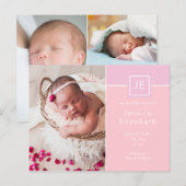 モノグラムベビー写真エレガントピンクモダン誕生 案内ポストカード (正面/裏面)