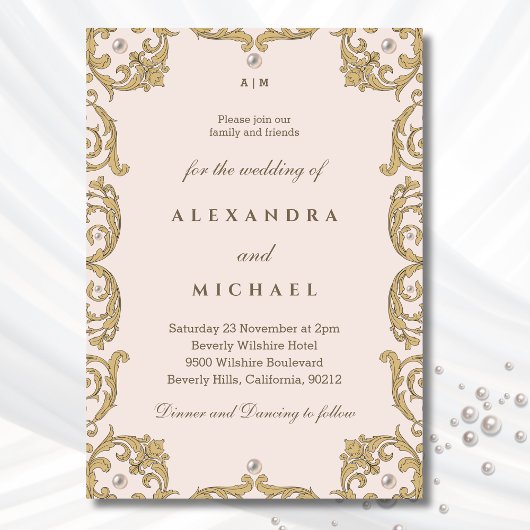 モノグラムベージュ華美ヴィンビクトリアンテージウェディング 招待状