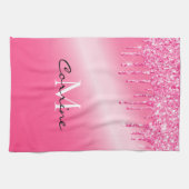モノグラムホットピンク滴下グリッター金属ワッフル キッチンタオル (横)