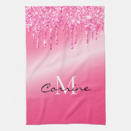 モノグラムホットピンク滴下グリッター金属ワッフル キッチンタオル