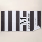 モノグラムホワイトとネイビーストライプブルーの家族名 ビーチタオル (正面)