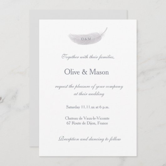 モノグラムホワイトグレーエンジェルフェザーエレガントな結婚式 招待状 (正面/裏面)