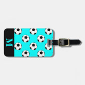 モノグラムホワイトサッカーサッカーボール、アクアブルー ラゲッジタグ (正面横)