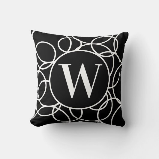 モノグラムホワイトサークルブラックモダン抽象芸術スロー クッション (正面)