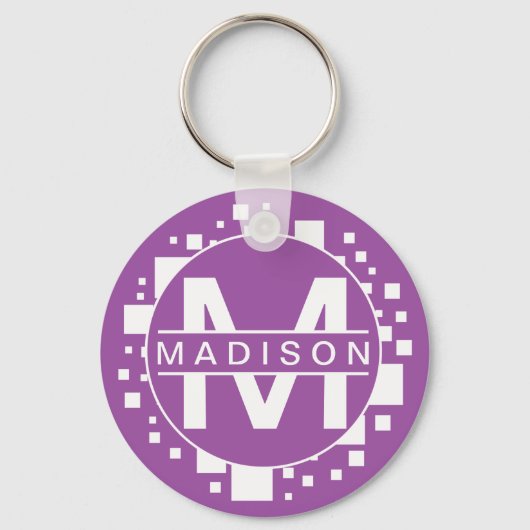 モノグラムホワイトパープルイニシャルアートスクウェア キーホルダー (正面)
