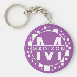 モノグラムホワイトパープルイニシャルアートスクウェア キーホルダー