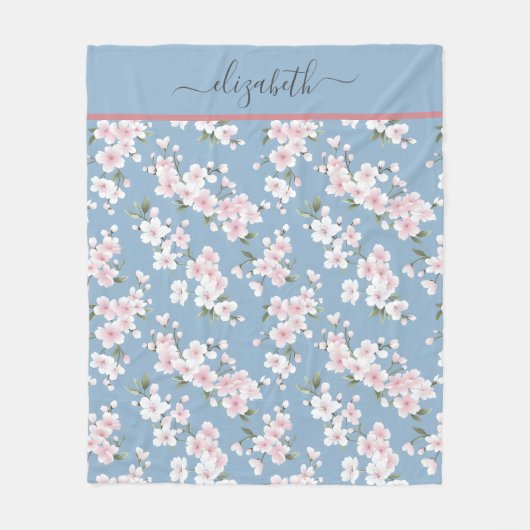 モノグラムホワイトピンクブルーフローラフラワーシャビーシック フリースブランケット (正面)