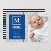 モノグラムホワイトブルーストライプ男の赤ちゃん誕生 案内状 (正面/裏面)
