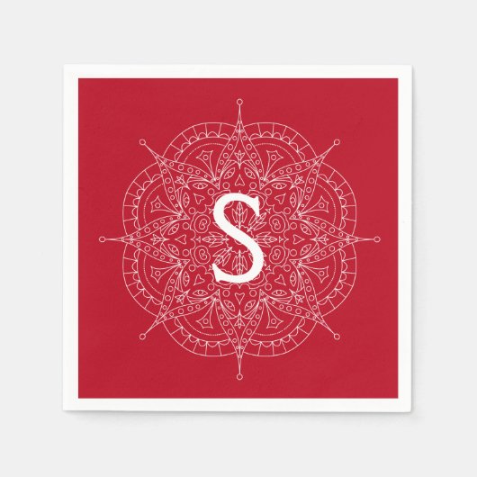 モノグラムホワイトレースオンレッド紙プレート スタンダードカクテルナプキン (正面)