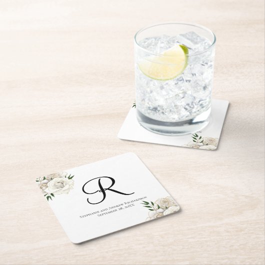 モノグラムホワイトローズエレガントウェディング スクエアペーパーコースター (インサイチュ)