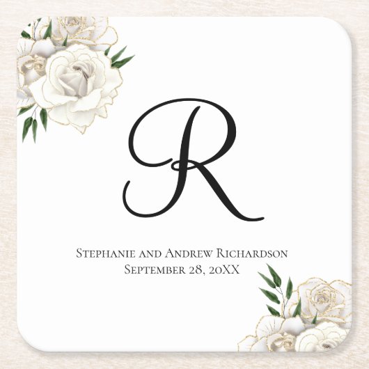 モノグラムホワイトローズエレガントウェディング スクエアペーパーコースター (正面)