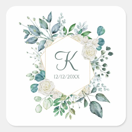 モノグラムホワイトローゼグリーンユーカリ結婚プス スクエアシール (正面)