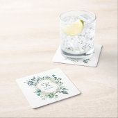 モノグラムホワイトローゼグリーンユーカリ結婚プス スクエアペーパーコースター (インサイチュ)