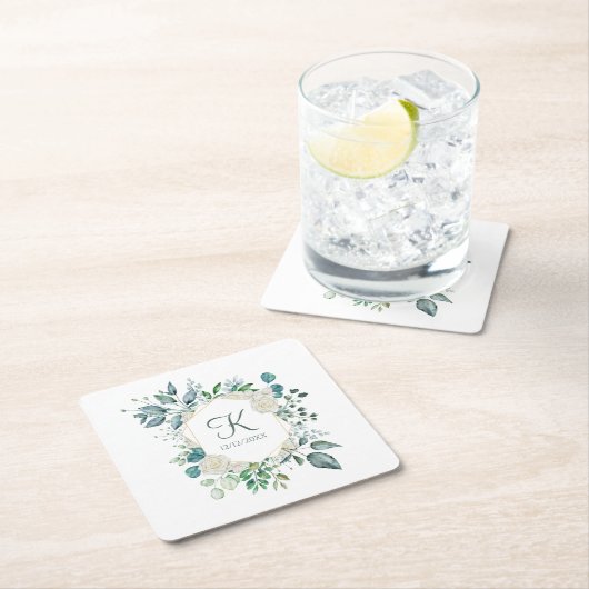 モノグラムホワイトローゼグリーンユーカリ結婚プス スクエアペーパーコースター (インサイチュ)