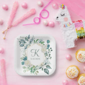 モノグラムホワイトローゼグリーンユーカリ結婚プス ペーパープレート (パーティー)