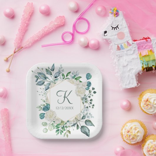 モノグラムホワイトローゼグリーンユーカリ結婚プス ペーパープレート (パーティー)