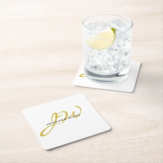 モノグラムホワイト金ゴールドカラープレインミニマルモダンリスト スクエアペーパーコースター (インサイチュ)