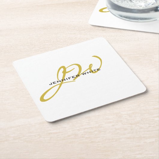 モノグラムホワイト金ゴールドカラープレインミニマルモダンリスト スクエアペーパーコースター (アングル)