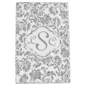 モノグラムホワイト&メタリック銀フローラダマスク ミディアムペーパーバッグ (正面)