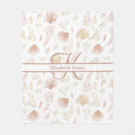 モノグラムボタニカルバラ金ゴールドニュートラルテラコッタ フリースブランケット (正面)