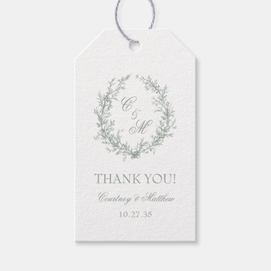 モノグラムボタニカルリースのセージグリーンのThank You ギフトタグ (正面)