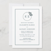 モノグラムボタニカルリースエメラルドグリーン結婚ズ 招待状 (正面)