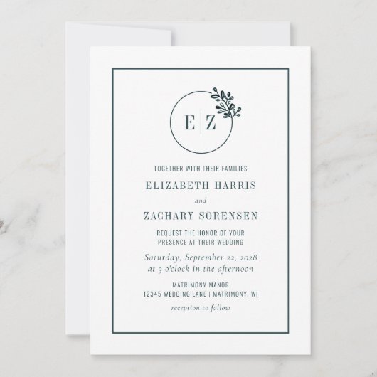 モノグラムボタニカルリースエメラルドグリーン結婚ズ 招待状 (正面)