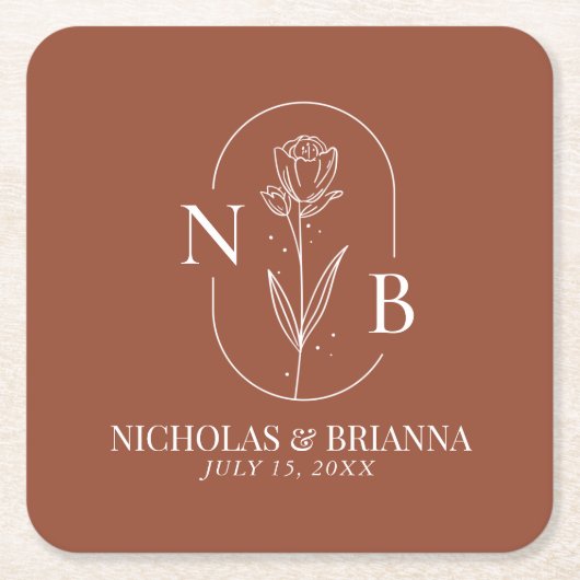 モノグラムボホテラコッタバーンオレンジ結婚ズ スクエアペーパーコースター (正面)