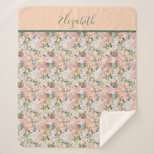 モノグラムボホピンクピーチホワイトフローラトレンディー シェルパブランケット (正面)
