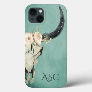 モノグラムボホフローラスカルのターコイズ背景 iPhone 13ケース