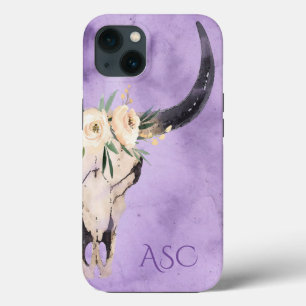モノグラムボホフローラスカルオンパープルバックグラウンド iPhone 13ケース