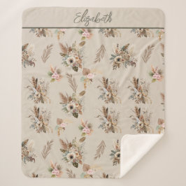 モノグラムボホベージュグリーンピンクフローラ植物学 シェルパブランケット