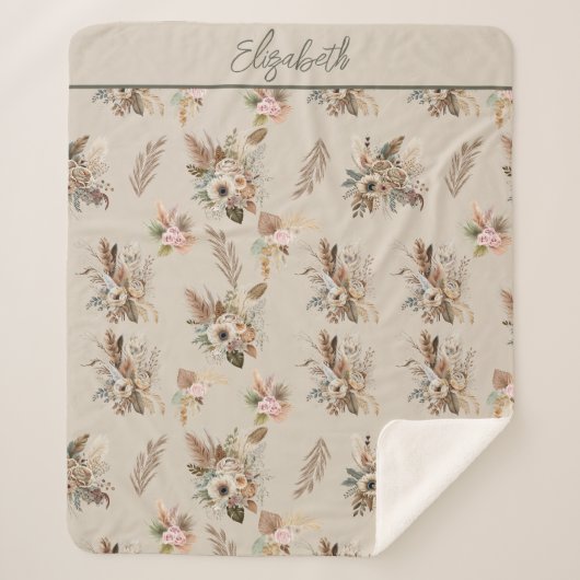 モノグラムボホベージュグリーンピンクフローラ植物学 シェルパブランケット (正面)