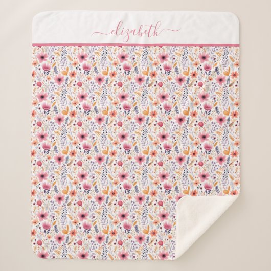 モノグラムボホワイルドフラワーピンクオレンジパープルフローラ シェルパブランケット (正面)