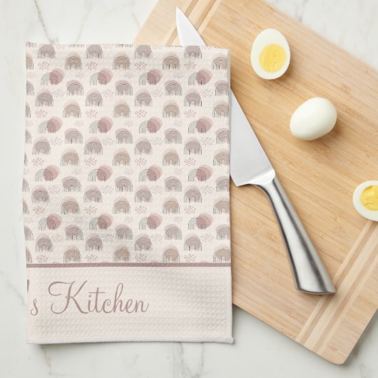 モノグラムボホーレインボー抽象芸術ベージュクリームピンク キッチンタオル (四つ折り)