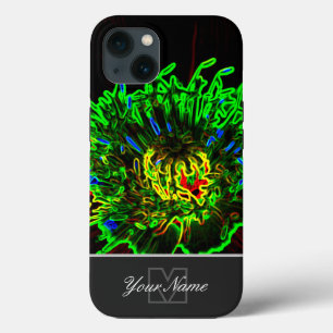 モノグラムポップ・アートのでネオン・アートの緑の花のマクロ! iPhone 13ケース