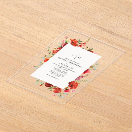 モノグラムポピーワイルドフラワー結婚フローラ アクリル招待状 (レイダウン)