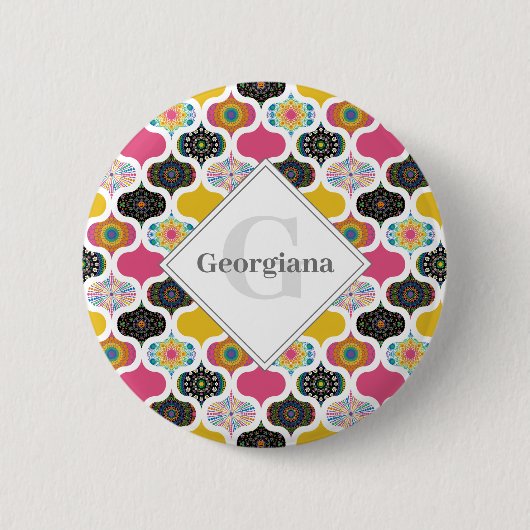 モノグラムマクシマリストレインボードットマンダラスパッチワーク 缶バッジ (正面)