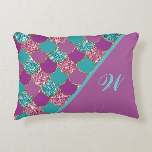 モノグラムマゼンタパープルピンクティール（緑がかった色）マーメイドはかりで測 アクセントクッション (正面)