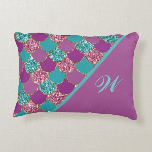 モノグラムマゼンタパープルピンクティール（緑がかった色）マーメイドはかりで測 アクセントクッション (裏面)
