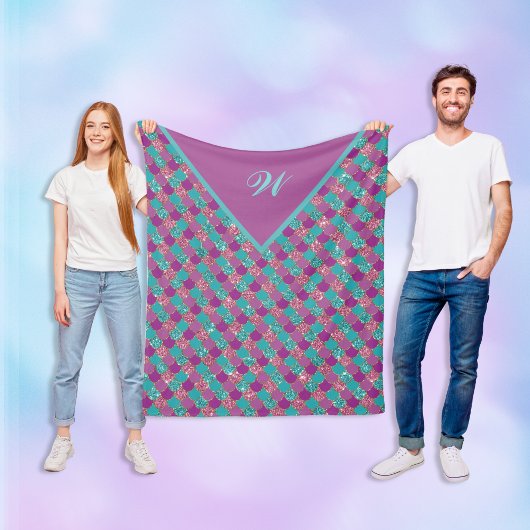 モノグラムマゼンタパープルピンクティール（緑がかった色）マーメイドはかりで測 フリースブランケット