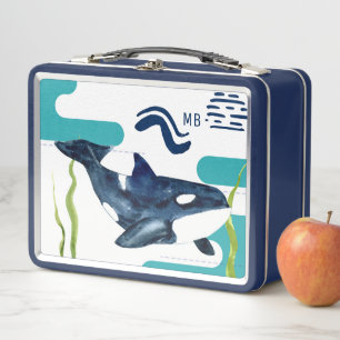 モノグラムマリンウォーター色オルカパーソナライズされた メタルランチボックス
