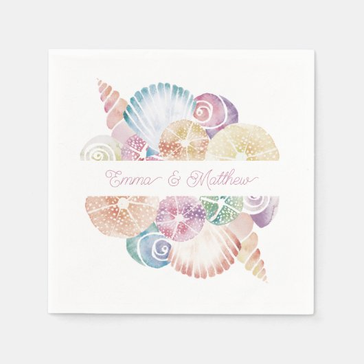 モノグラムマリン ウォーターカラー シーシェル ウェディングロゴ スタンダードカクテルナプキン (正面)